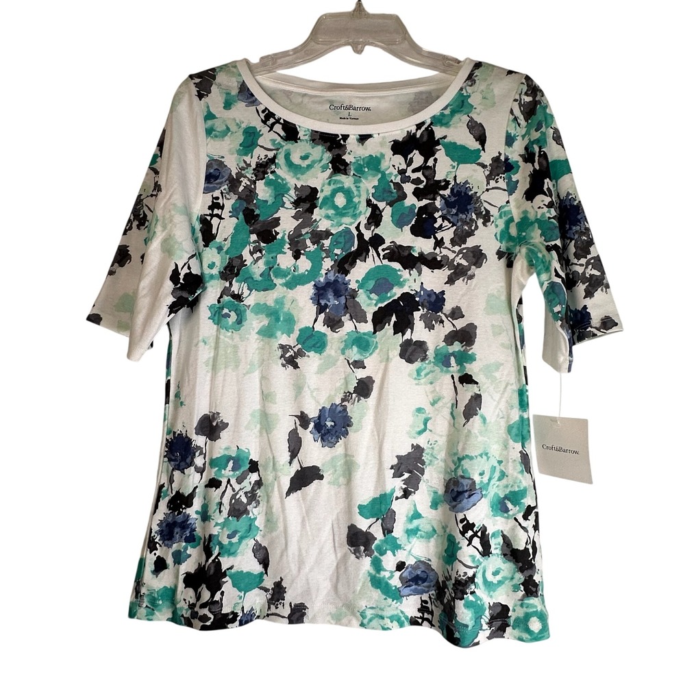Croft & Barrow Womens Floral Watercolor Cotton Top Teal Blue White Large NWT